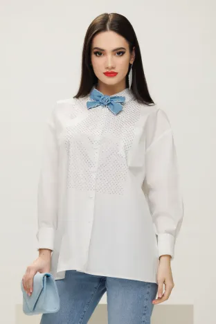 Camasa dama eleganta alba premium din bumbac 100%  cu aplicatii si strasuri