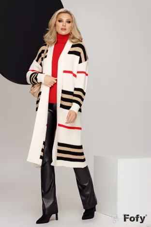 Cardigan lung gros imprimeu clasic fond alb