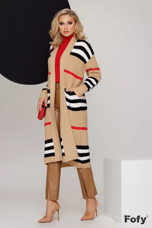 Cardigan lung gros imprimeu clasic fond bej