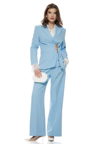Compleu dama elegant baby blue cu fronseuri in talie accesoriu auriu pantalon wide cu pense