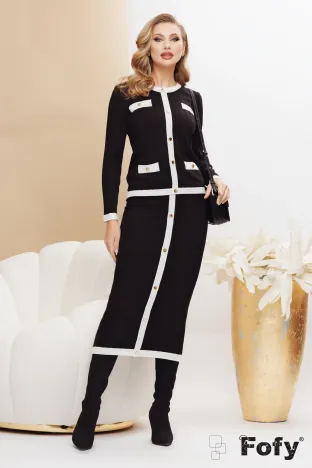 Compleu dama elegant din tricot negru premium fusta cu jacheta cu contururi albe si nastruri metalici
