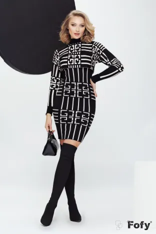 Compleu dama elegant din tricot premium rochie si pulover imprimeu grafic alb negru