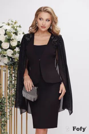 Compleu dama elegant Fofy negru sacou cu maneci de voal si epoleti din cristale si margele fusta conica