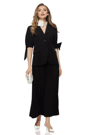 Compleu dama elegant negru cu fusta plisata si sacou lejer cu fundite