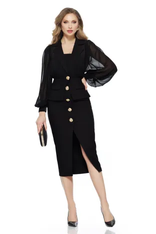 Compleu dama elegant rochie neagra sacou cu maneci de voal peplum si nasuri aurii