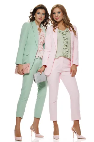 Compleu dama elegant roz sacou cu revere si cordon pantalon conic