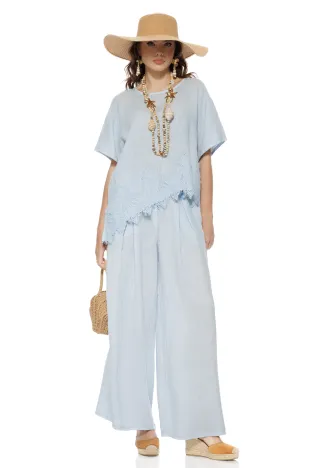 Compleu dama premium baby blue din in 100% supersoft bluza cu insertie de dantela