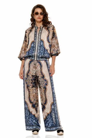Compleu dama premium bleumarin din matase naturala si vascoza satinata imprimeu luxury paisley