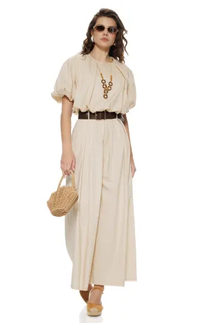 Compleu dama premium din bumbac bej natur supersoft bluza cu colier si pantalon larg cu centura