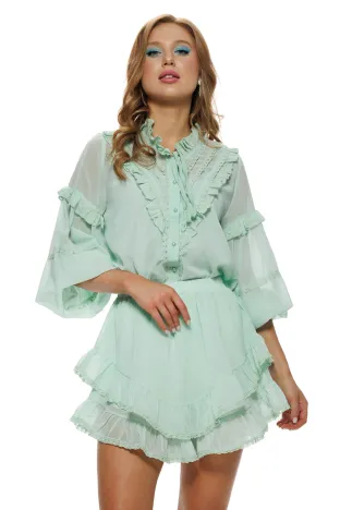 Compleu dama verde menta elegant camasa si fusta cu volane si dantela