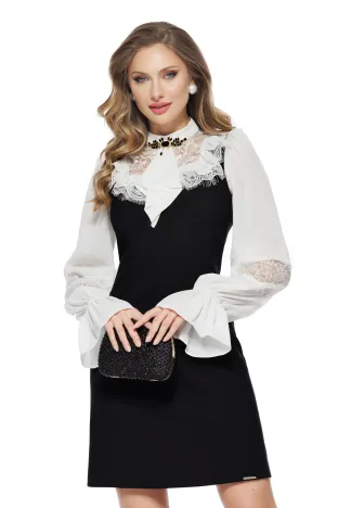 Compleu de ocazie elegant sarafan negru cu camasa cu jabou sofisticat cu dantela si brosa