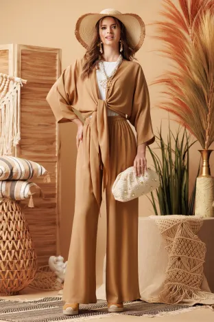Compleu de vara casual din vascoza racoroasa pantloni cu bluza innodata
