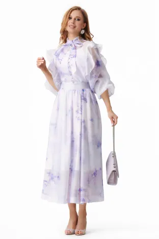 Compleu spectaculos din organza liliachiu fusta midi si bluza cu nasturi cristal