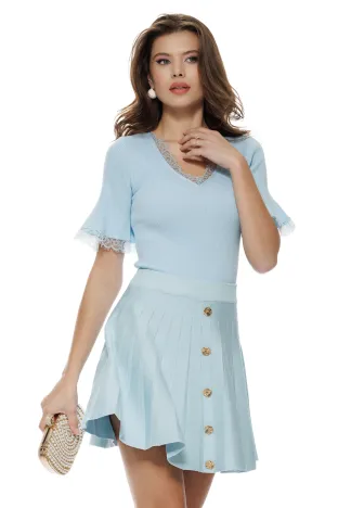 Fusta mini plisata din tricot premium bleu cu nasturi metalici decorativi