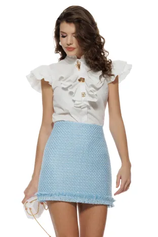 Fusta premium eleganta din tweed bleu cu paiete fine si detalii franjurate