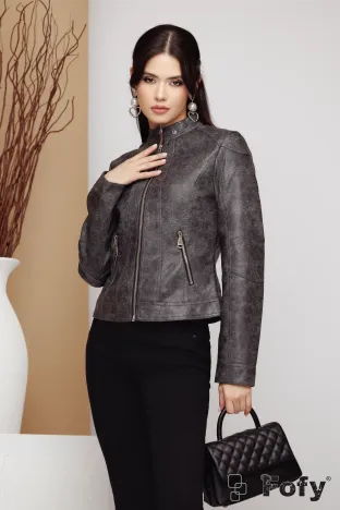 Geaca dama din piele ecologica neagra patinata cu fermoare si cusaturi decorative