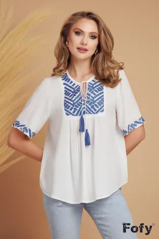 Ie dama de vara din rayon premium cu broderie bleumarin si ciucuri