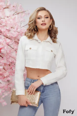 Jacheta dama alba scurta premium de vara din in cu bumbac