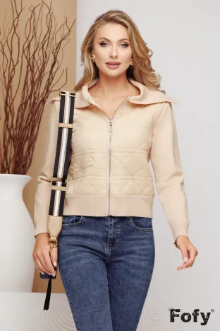 Jacheta dama bej din fas structurat cu spate guler si maneci din tricot cu casmir si angora