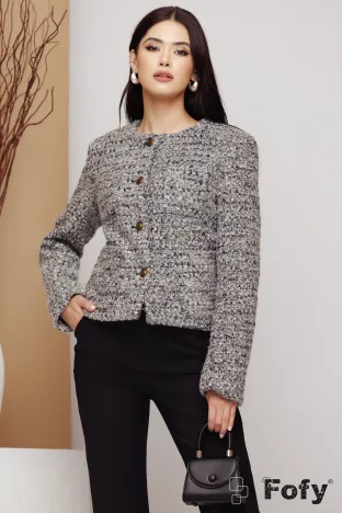 Jacheta dama gri deschis matlasata din stofa premium cu lana fir de lurex si buzunare