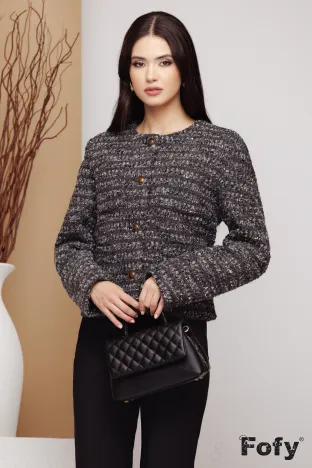 Jacheta dama gri inchis matlasata din stofa premium cu lana fir de lurex si buzunare