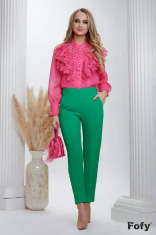 Pantalon dama elegant verde tonic cu talie inalta pense de cambrare si fermoar auriu