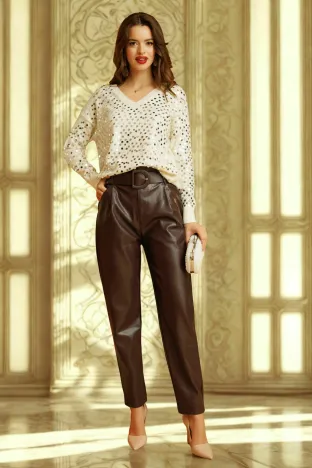 Pantalon elegant din piele ecologica bordo premium cu talie inalta si curea