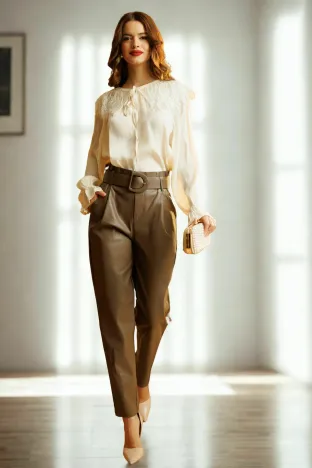 Pantalon elegant din piele ecologica maro ciocolatiu premium cu talie inalta si curea