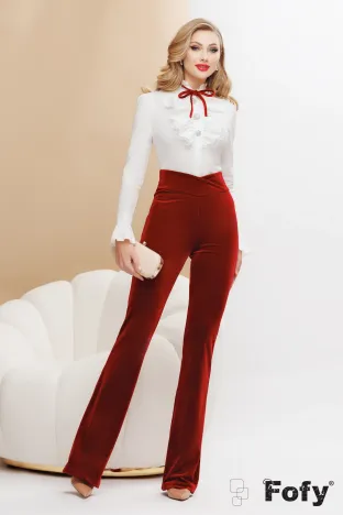 Pantaloni Fofy burgundy evazati din catifea elastica cu talie inalta parte peste parte
