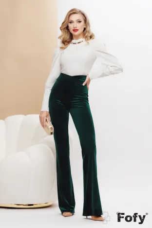 Pantaloni Fofy verde royal evazati din catifea elastica cu talie inalta parte peste parte