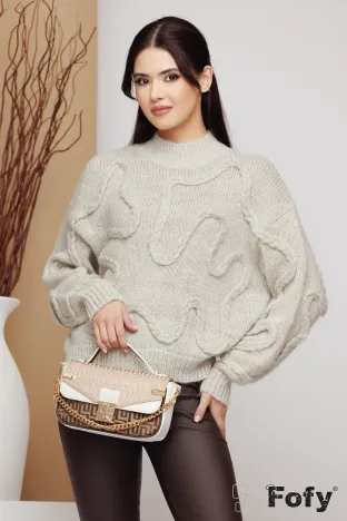 Pulover dama bej de lux cu fir de lurex si torsade sofisticate