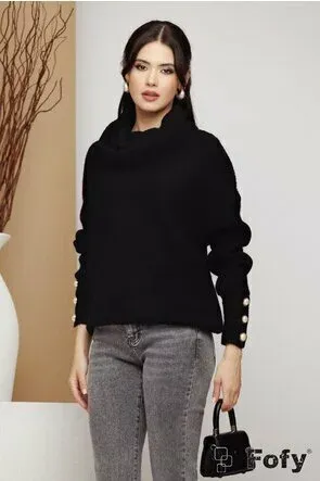 Pulover dama negru cu guler inalt si nasturi perla pe maneci