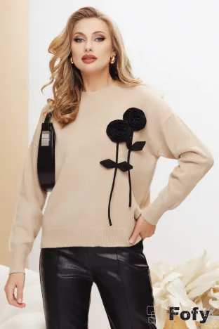 Pulover dama premium bej cu trandafiri negri