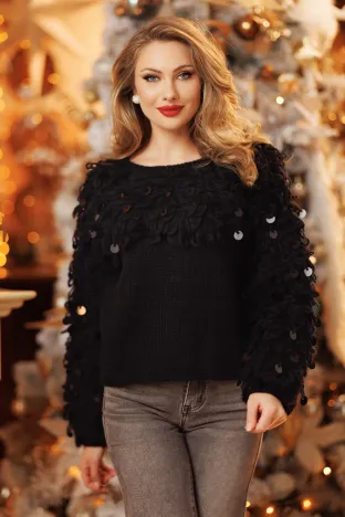 Pulover dama spectaculos negru cu franjuri buclati si paiete maxi