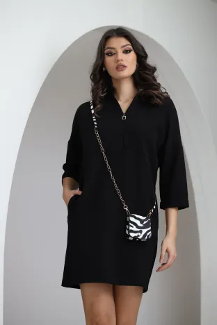 Rochie casual neagra croi lejer cu buzunare si gentuta inclusa