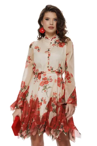 Rochie damă eleganta din voal imprimeu floral rosu si volane in colturi
