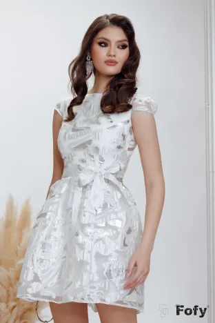Rochie Fofy de banchet sofisticata din brocart din organza alba cu lurex argintiu