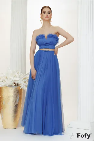Rochie de ocazie de LUX din albastru royal din tul bust buretat si transparenta in zona taliei
