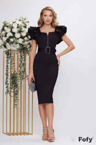 Rochie de ocazie eleganta din neopren negru cu volane la maneci si cristale