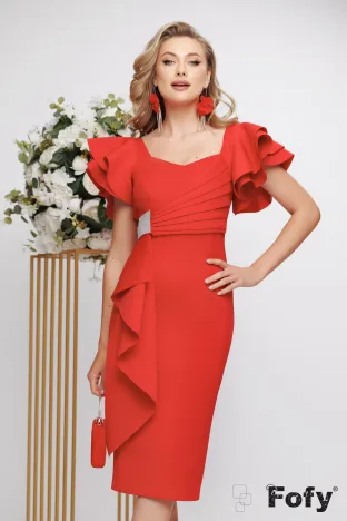 Rochie de ocazie eleganta rosie din neopren cu volane la maneci bust fronsat si volan decorativ