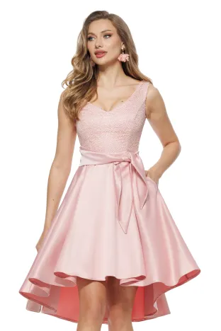 Rochie de ocazie Fofy midi din tafta roz bebe usor elastica cu bust din dantela premium cu paiete fine