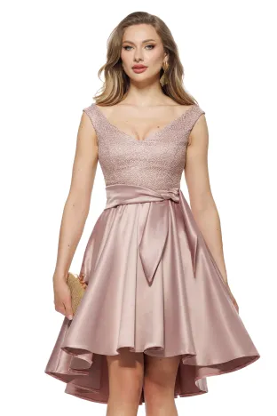Rochie de ocazie Fofy midi din tafta roz pudra usor elastica cu bust din dantela premium cu paiete fine