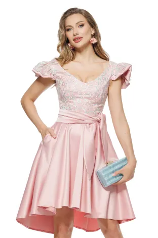 Rochie de ocazie Fofy midi din tafta roz usor elastica cu bust din dantela premium