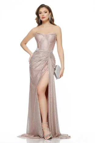 Rochie de ocazie lunga de LUX spectaculoasa din lurex roz cu corset buretat