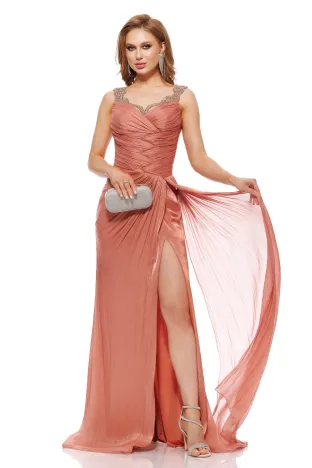 Rochie de ocazie lunga de LUX spectaculoasa din voal usor satinat dusty rose cu aplicatii sofisticate de cristale