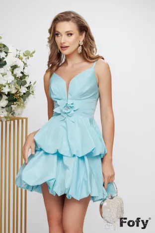 Rochie de ocazie sofisticata bleu ciel din tafta premium cu bust buretat si accesoriu floral cu cristale
