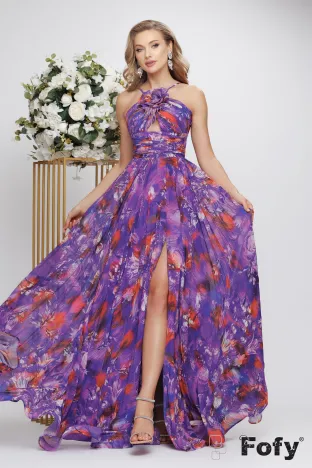Rochie de ocazie spectaculoasa din voal premium plisat imprimeu floral in tonuri de mov