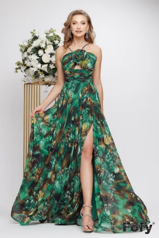 Rochie de ocazie spectaculoasa din voal premium plisat imprimeu floral in tonuri de verde