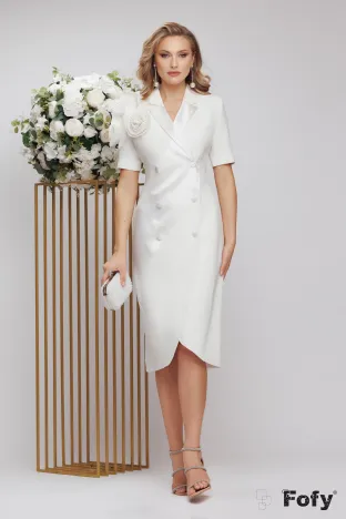 Rochie de ocazie tip sacou de LUX ivory cu insertie de tafta si floare plisata