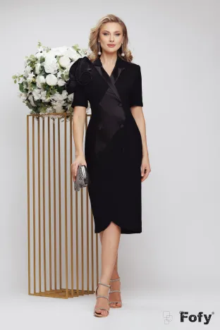 Rochie de ocazie tip sacou de LUX neagra cu insertie de tafta si floare plisata